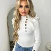 Elara Gold Button Frill Jumper - Cream
