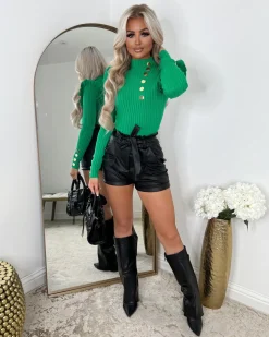 Elara Gold Button Frill Jumper - Parrot Green
