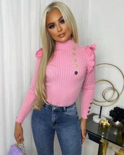 Elara Gold Button Frill Jumper - Light Pink