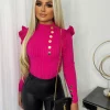 Elara Gold Button Frill Jumper - Fuchsia