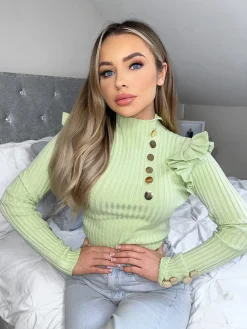 Elara Gold Button Frill Jumper - Sage Green