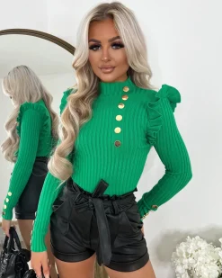 Elara Gold Button Frill Jumper - Parrot Green