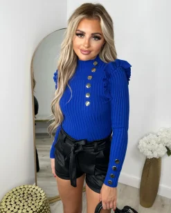 Elara Gold Button Frill Jumper - Royal Blue