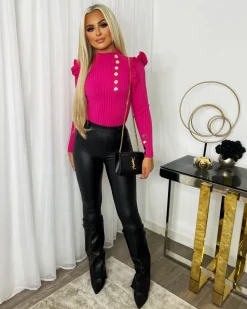 Elara Gold Button Frill Jumper - Fuchsia