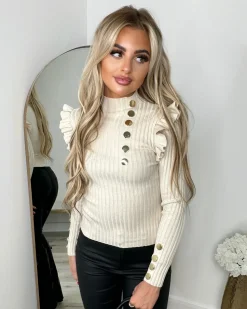 Elara Gold Button Frill Jumper - Beige