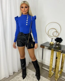 Elara Gold Button Frill Jumper - Royal Blue