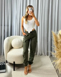 Eleanor Elasticated Cuffed Bottom Cargo Pants - Khaki
