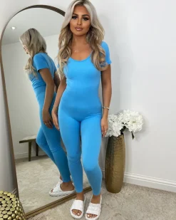 Ellie Capped Sleeve Unitard Jumpsuit - Sky Blue