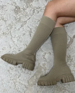 Elouise Ribbed Knee High Sock Boot - Camel