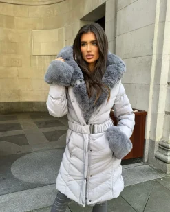 Emma Padded Faux Fur Trim Belted Coat - Grey