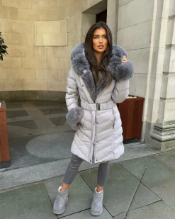 Emma Padded Faux Fur Trim Belted Coat - Grey