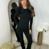 Esme Frill Shoulder Ribbed Lounge Set - Black