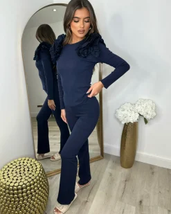 Esme Frill Shoulder Ribbed Lounge Set - Navy