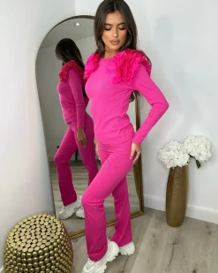 Esme Frill Shoulder Ribbed Lounge Set - Fuchsia