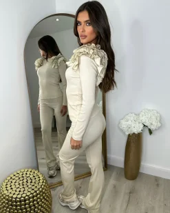 Esme Frill Shoulder Ribbed Lounge Set - Beige
