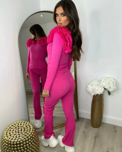 Esme Frill Shoulder Ribbed Lounge Set - Fuchsia