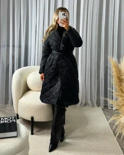 Everlee Quilted Tie Front Long Length Coat- Black