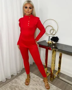 Evie High Neck Gold Button Loungewear Set - Red