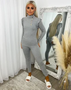 Evie High Neck Gold Button Loungewear Set - Grey
