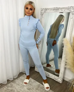 Evie High Neck Gold Button Loungewear Set - Sky Blue