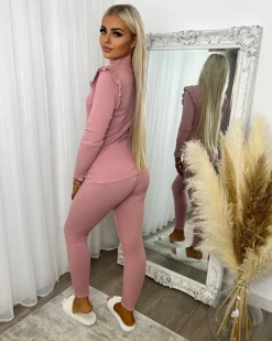 Evie High Neck Gold Button Loungewear Set - Light Pink