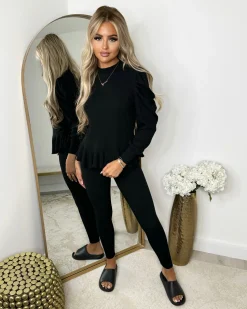 Fefe Puff Sleeve Ribbed Loungewear - Black
