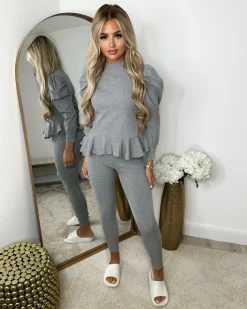 Fefe Puff Sleeve Ribbed Loungewear - Grey