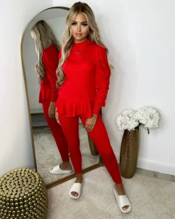Fefe Puff Sleeve Ribbed Loungewear - Red
