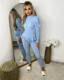 Fefe Puff Sleeve Ribbed Loungewear - Baby Blue