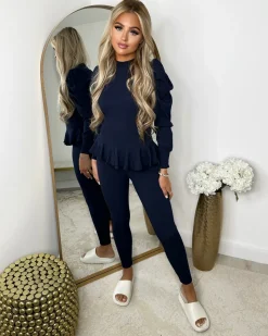 Fefe Puff Sleeve Ribbed Loungewear - Navy