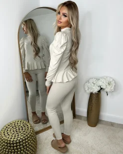 Fefe Puff Sleeve Ribbed Loungewear - Beige