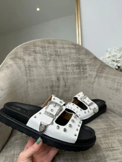 Fion Sliver Chunky Buckle Double Strap Sandal - White
