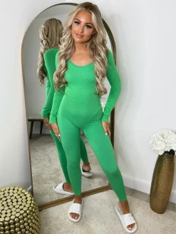 Florence Ribbed Scoop Neck Jumpsuit- Parrot Green