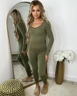 Florence Ribbed Scoop Neck Jumpsuit- Khaki