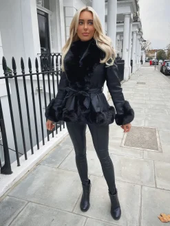 Freya Belted Fur Coat - Black