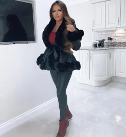 Freya Belted Fur Coat - Black