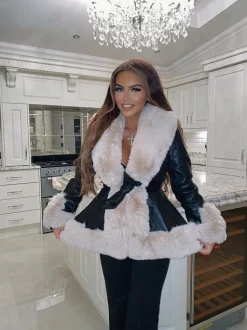 Freya Belted Fur Coat - Black/Cream