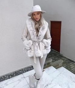 Freya Belted Fur Coat - Cream