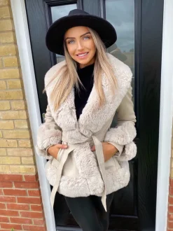 Freya Belted Fur Coat - Cream