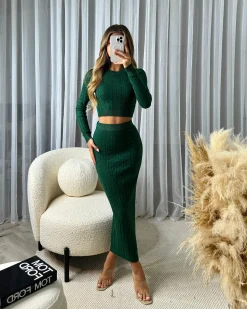 Gemma Cable Knit Skirt & Crop Jumper Set - Bottle Green