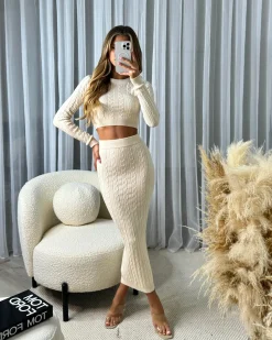 Gemma Cable Knit Skirt & Crop Jumper Set - Cream
