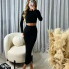Gemma Cable Knit Skirt & Crop Jumper Set - Black