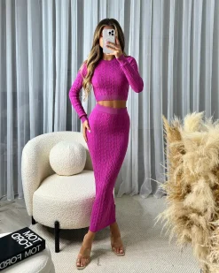 Gemma Cable Knit Skirt & Crop Jumper Set - Purple