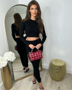 Gemma Cable Knit Skirt & Crop Jumper Set - Black