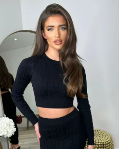 Gemma Cable Knit Skirt & Crop Jumper Set - Black