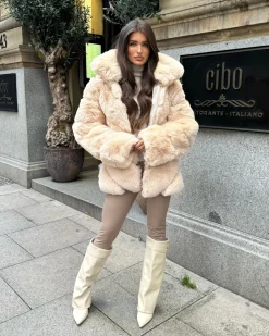 Gigi Faux Fur High Collar Coat- Beige