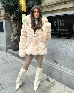 Gigi Faux Fur High Collar Coat- Beige