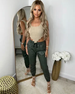 Harley Leather Look Joggers - Khaki