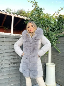 Hayley Faux Fur Belted Padded Coat - Grey