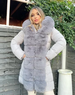 Hayley Faux Fur Belted Padded Coat - Grey